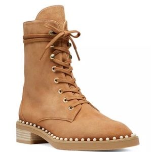 Stuart Weizmann Sondra Tan Suede leather combat boots with pearls